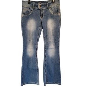 Y2K Angles Low Rise Bleach Faded Flare Boot Cut Stretch Denim Jeans